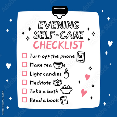 Cute funny evening self-care to do list, checklist. Vector hand drawn cartoon kawaii character illustration icon. Evening Self-care checklist sticker, card, poster concept