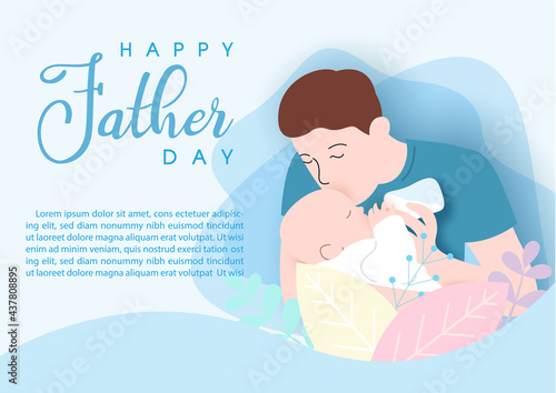 father kiss and feeding milk his baby in cartoon character with with Father day's wording and example texts on abstract shape and light blue background. Greeting card of Father's day in vector design.