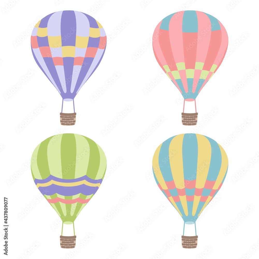 Colorful Hot air balloons set in cartoon style on white background.  A fun hot air balloon adventure. Great design for any purposes. Transportation background. Isolated vector illustration.