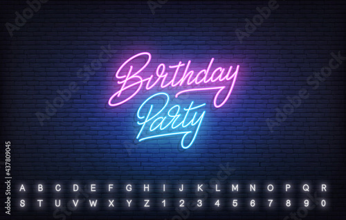 Birthday Party neon template. Glowing neon lettering Birthday Party sign