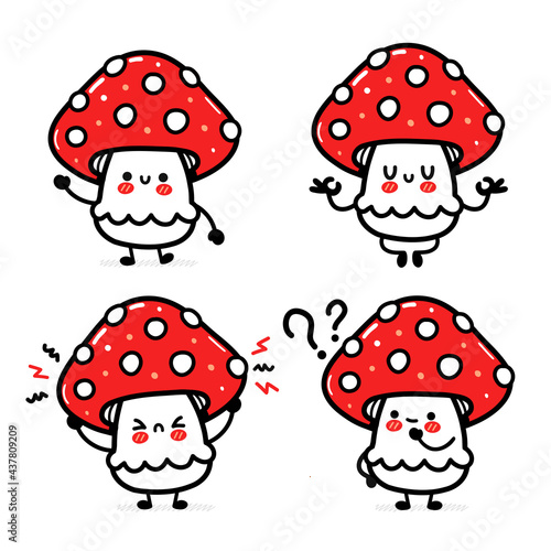 Cute funny happy amanita mushroom set collection. Vector hand drawn cartoon kawaii character illustration icon. Isolated on white background. Funny amanita mushroom mascot character bundle concept