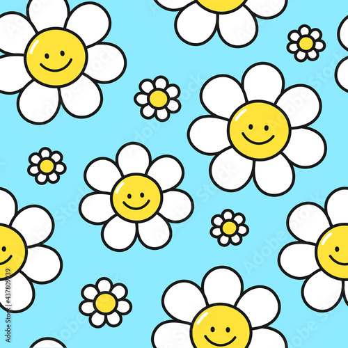 Cute funny smile flowers on blue background seamless pattern. Vector flat cartoon kawaii character illustration icon design. Positive smile flowers seamless pattern concept