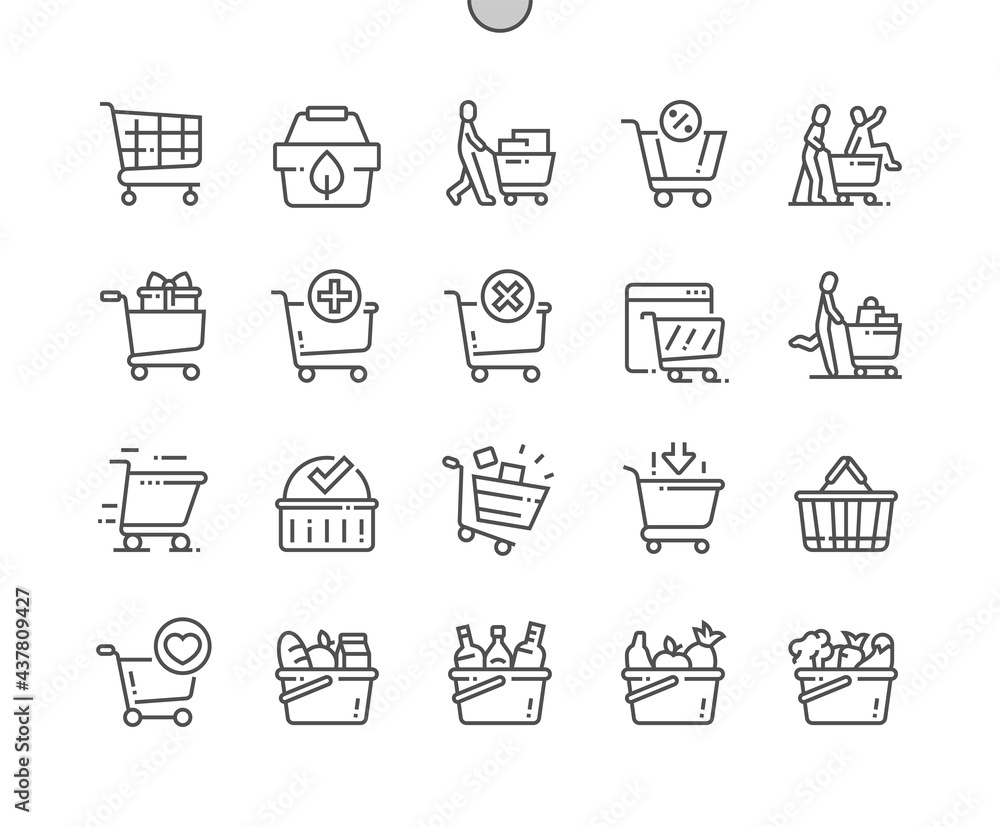 Shopping cart. Shop, supermarket, marketing, basket, store, retail. Eco shopping. Pixel Perfect Vector Thin Line Icons. Simple Minimal Pictogram