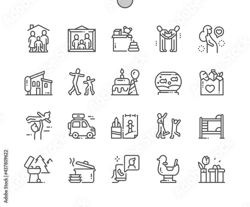 Happy Family. Plays with kid. Cleaning and sing. Pregnancy, parents, baby, children, parenthood. Pixel Perfect Vector Thin Line Icons. Simple Minimal Pictogram