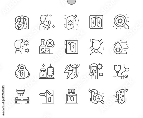 Pneumonia. Pulmonary infection. Listen to lungs. Cough  treatment and pills. Health care  medical and medicine. Pixel Perfect Vector Thin Line Icons. Simple Minimal Pictogram