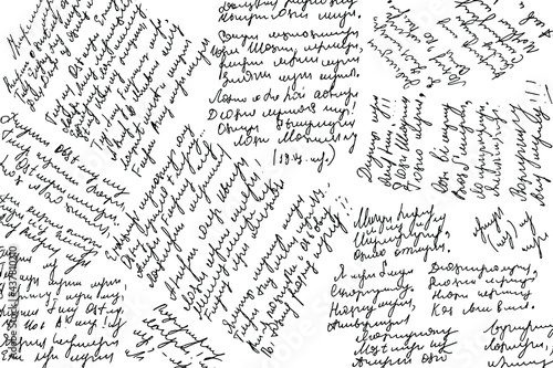 The grunge texture of an illegible handwritten verse text in a scatter. Poems, handwritten text, illegible and careless. Background. Vector illustration. Overlay Template