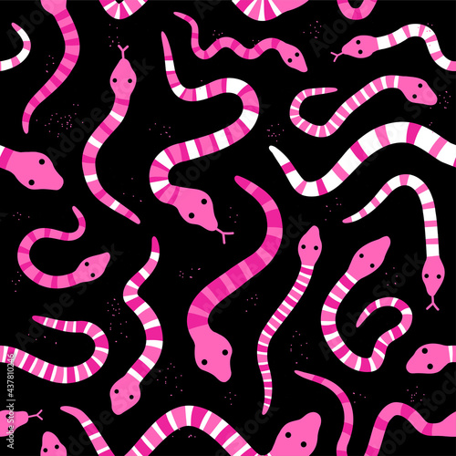 Pink snakes on black background seamless pattern. Vector hand drawn grunge style illustration icon. Different pink snakes seamless pattern