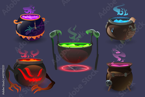 Witch cauldrons with magic potions and elixir boiling. Wizard pots with colorful liquid and smoke. Ui design elements for computer game, magician poison brew, decoction isolated Cartoon vector set