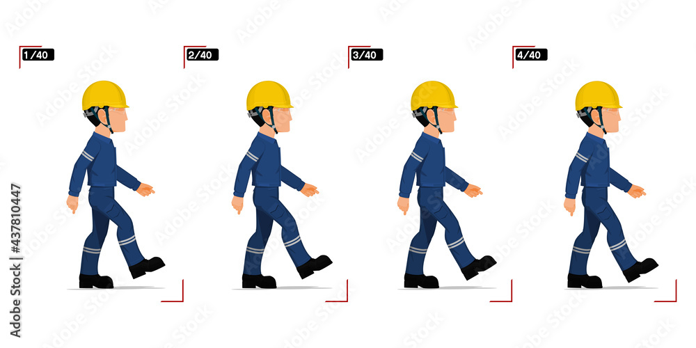 Frame 1-4 of walking worker on white background