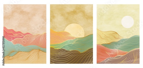 set of creative minimalist hand painted illustrations of Mid century modern. line art print. Abstract mountain contemporary aesthetic backgrounds landscapes. vector illustrations