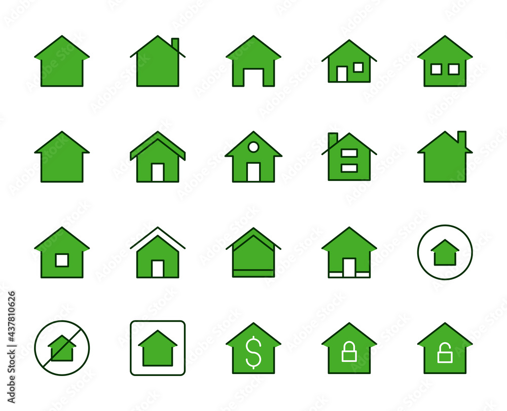 Green house set line icons in flat design with elements for web site design and mobile apps.  Collection modern infographic logo and symbol. House vector line pictogram
