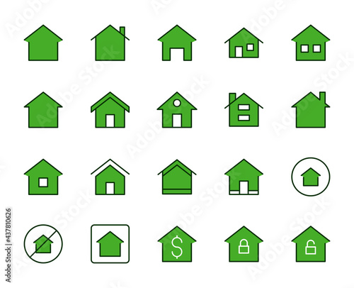 Green house set line icons in flat design with elements for web site design and mobile apps. Collection modern infographic logo and symbol. House vector line pictogram