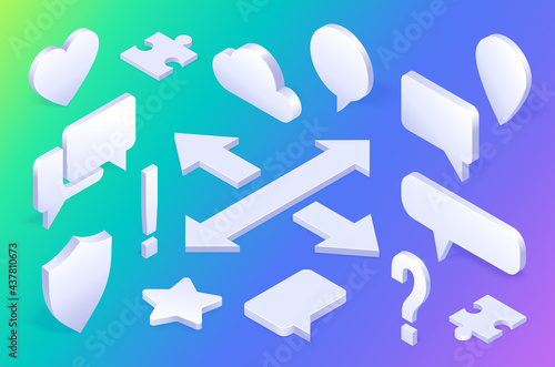 Isometric icons navigation pin, shield, cloud, speech bubbles and question mark, crossed arrows, rate stars, and heart. Computer security, messenger or map application isolated 3d vector signs set