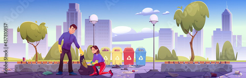 People clean up city park. Man and woman collect garbage in public garden and put to recycling containers. Polluted urban area with wastes lying on ground under trees, Cartoon vector illustration