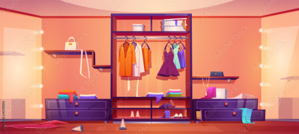 Fototapeta premium Modern walk in closet with mess, untidy woman clothes and shoes on wardrobe shelves and floor. Vector cartoon interior of empty cloakroom for apparel storage and dressing with big mirrors and hangers