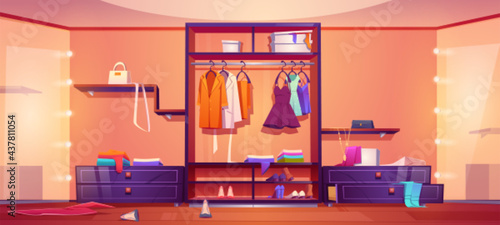 Modern walk in closet with mess, untidy woman clothes and shoes on wardrobe shelves and floor. Vector cartoon interior of empty cloakroom for apparel storage and dressing with big mirrors and hangers
