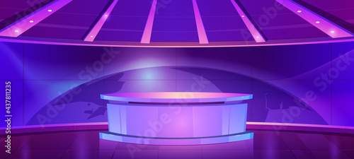 Tv news studio, television broadcast set room with round table and blue screen with world map. Vector cartoon illustration of video channel studio interior with newscaster desk