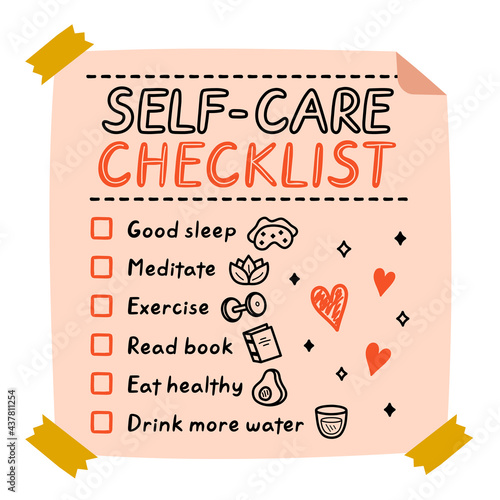 Cute funny self-care to do list, checklist. Vector hand drawn cartoon kawaii character illustration icon. Self-care checklist sticker, card, poster concept