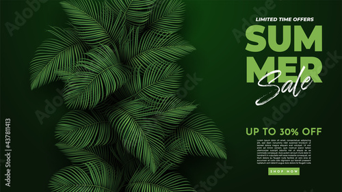 Summer Sale Banner With Tropical Leaves Background. Vector Illustration