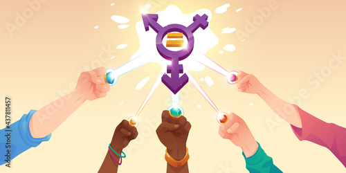 Gender equity concept with male and female hands connect power rings rays for creating transgender symbol. Homosexuality, choice of sexuality and gender identity metaphor, Cartoon vector illustration