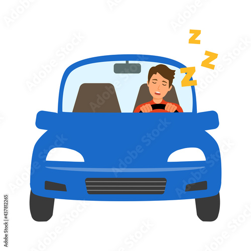 Young man sleeping while driving car in flat design on white background. Tired and fatigued driver concept.