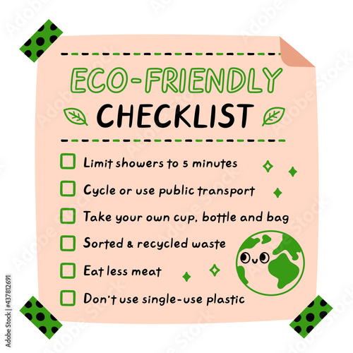 Eco-friendly checklist. Vector hand drawn cartoon kawaii character illustration icon. Ecology tips checklist sticker, card, poster concept