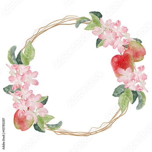watercolor apple blossom and ripe fruit wreath frame with copy space for text isolated on white background