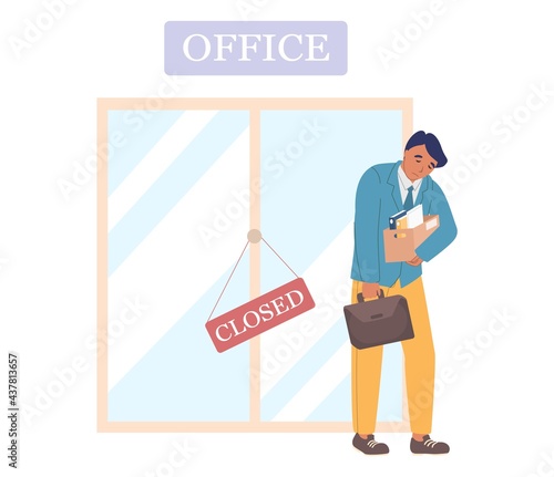 Employee leaving closed office, vector illustration. Dismissal, job loss, staff reduction, bankruptcy, economic crisis.