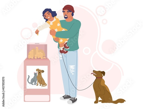 Cute girl putting coin in donation box for stray and homeless animals, flat vector illustration. Pet charity, support.