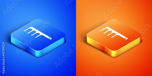 Isometric Hair brush for dog and cat icon isolated on blue and orange background. Brush for animal fur. Pet accessory. Square button. Vector