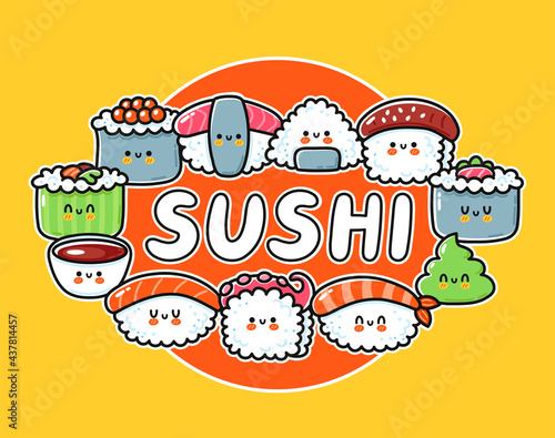 Sushi cartoon logo design. Cute funny sushi set collection. Vector hand drawn line kawaii character illustration icon. Asian food logo template, cartoon card, poster concept