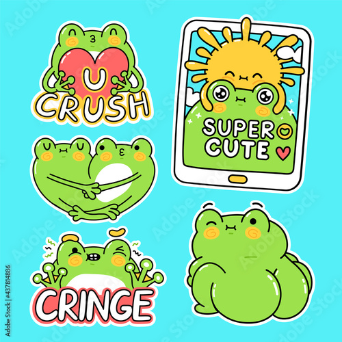 Cute funny green frog stickers set collection. Vector hand drawn cartoon kawaii character illustration stickers design set. Funny cartoon toad frog mascot character for social media bundle concept
