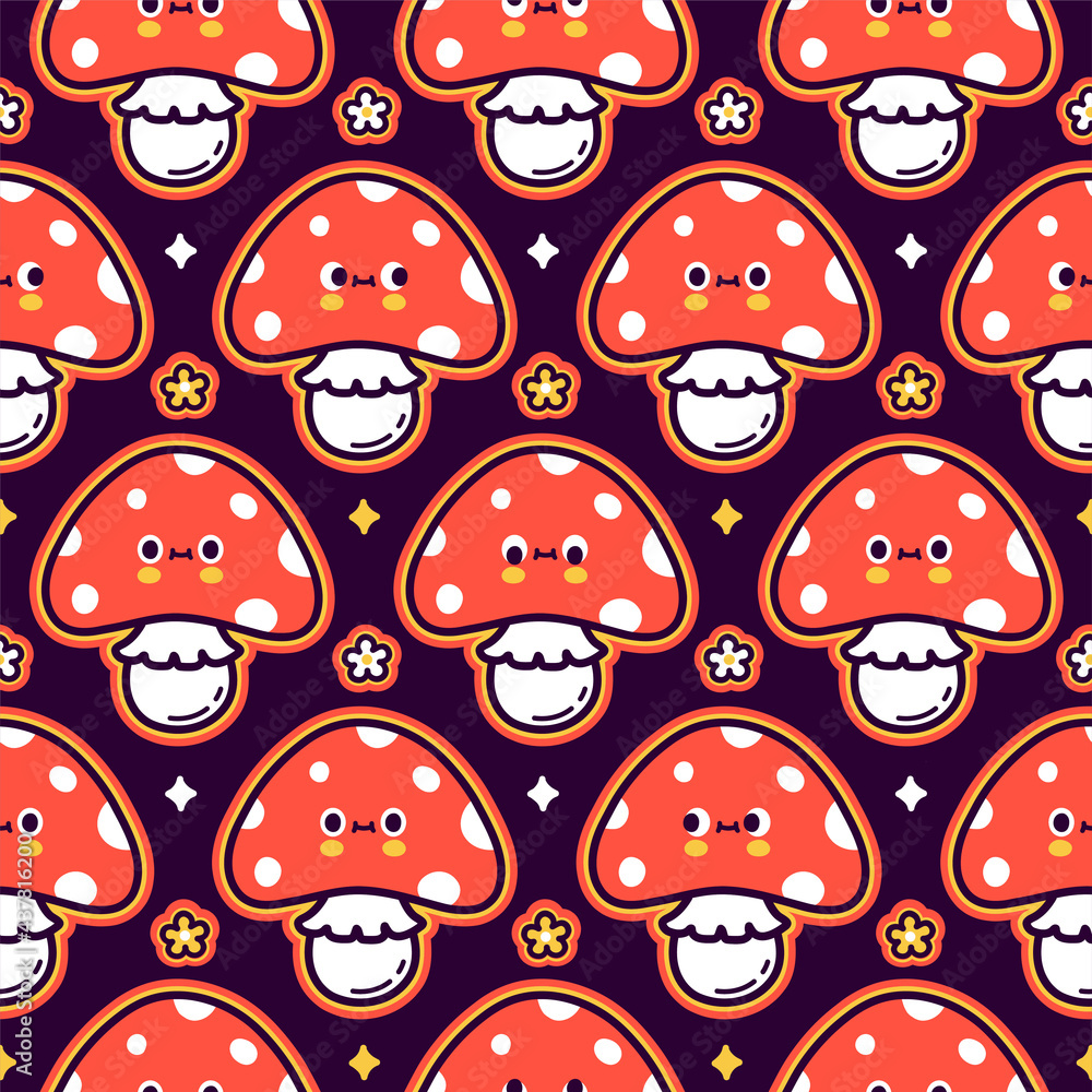 Cute funny amanita mushroom seamless pattern. Vector flat cartoon kawaii character illustration icon design. Trippy amanita mushroom and flowers seamless pattern concept Cute funny amanita mushroom seamless pattern. Vector flat cartoon kawaii character illustration icon design. Trippy amanita mushroom and flowers seamless pattern concept