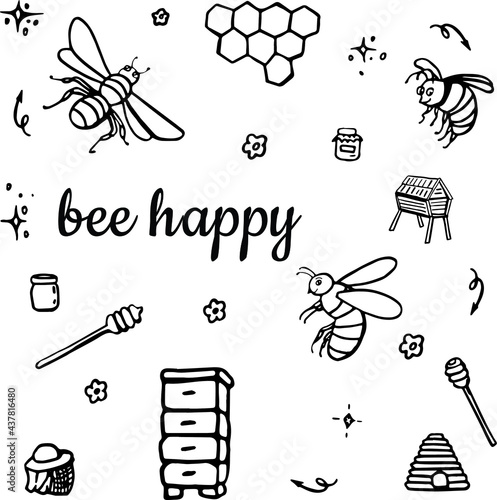 Set of happy bees with honeycombs and honey black and white