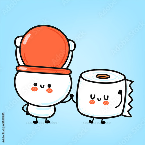 Cute funny happy white toilet bowl and paper roll. Vector hand drawn cartoon kawaii character illustration icon. Funny cartoon WC, toilet bowl and paper roll mascot character concept