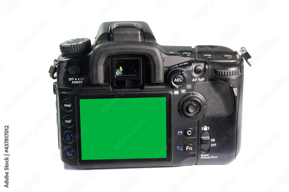 Closeup image of modern digital camera, isolated on white background, with buttons and green blank screen for your picture or text Closeup image of modern digital camera, isolated on white background, with buttons and green blank screen for your picture or text