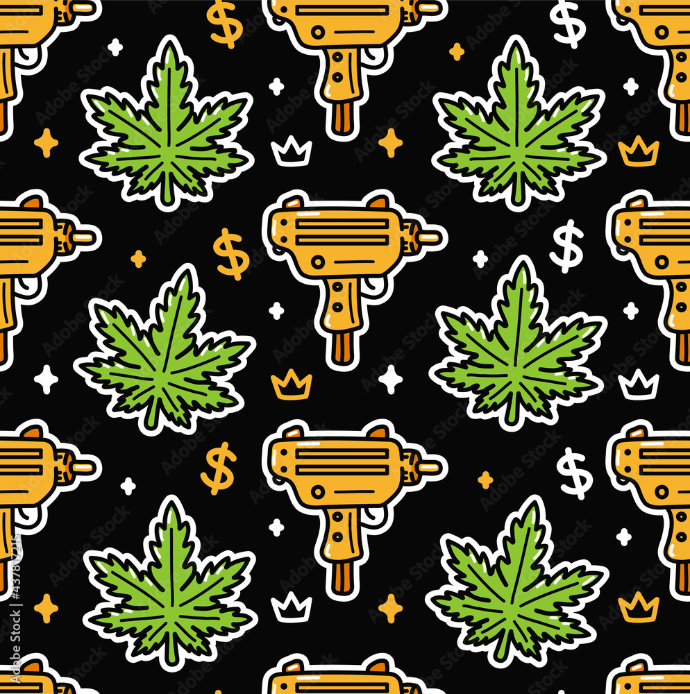 Weed leafs and gold submachine gun seamless pattern. Vector cartoon illustration icon design. Cannabis, gun, dollar cash symbol seamless pattern concept