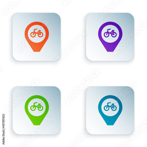 Color Map pointer with bicycle icon isolated on white background. Set colorful icons in square buttons. Vector