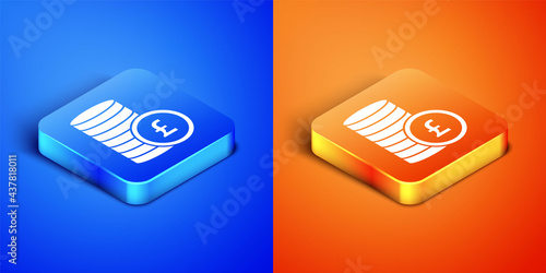 Isometric Coin money with pound sterling symbol icon isolated on blue and orange background. Banking currency sign. Cash symbol. Square button. Vector