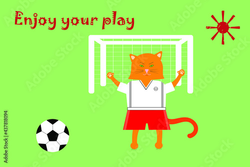 Vector illustration of cute cartoon cat keeping a goal. Soccer play. Separate layers.