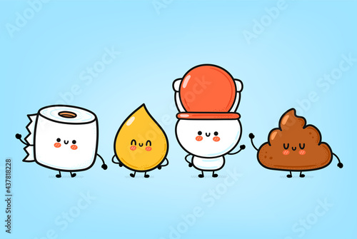 Cute funny happy white toilet bowl,paper roll,urine drop and poop set. Vector hand drawn cartoon kawaii character illustration icon. Funny cartoon WC, toilet bowl mascot character collection concept