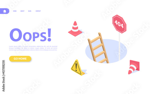 Error 404 web page concept. Pit stairs, traffic cones and warning sign.