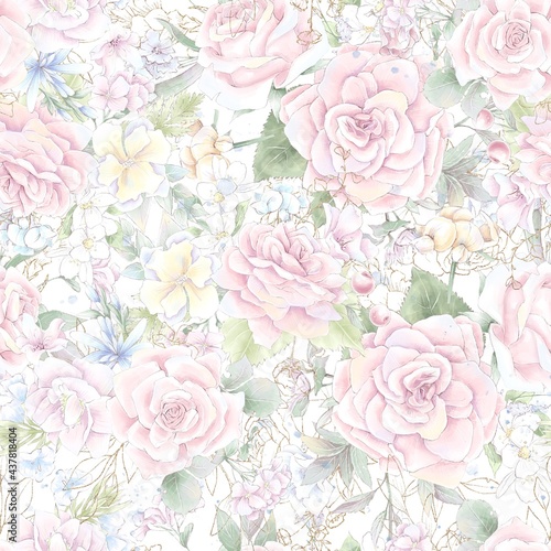 Seamless pattern. Spring delicate rose flowers. Digital printing