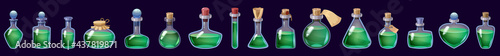 Set of Bottles magic liquid potion fantasy elixir. Game icon GUI for app games user interface. Vector illstration isolated cartoon style on dark background
