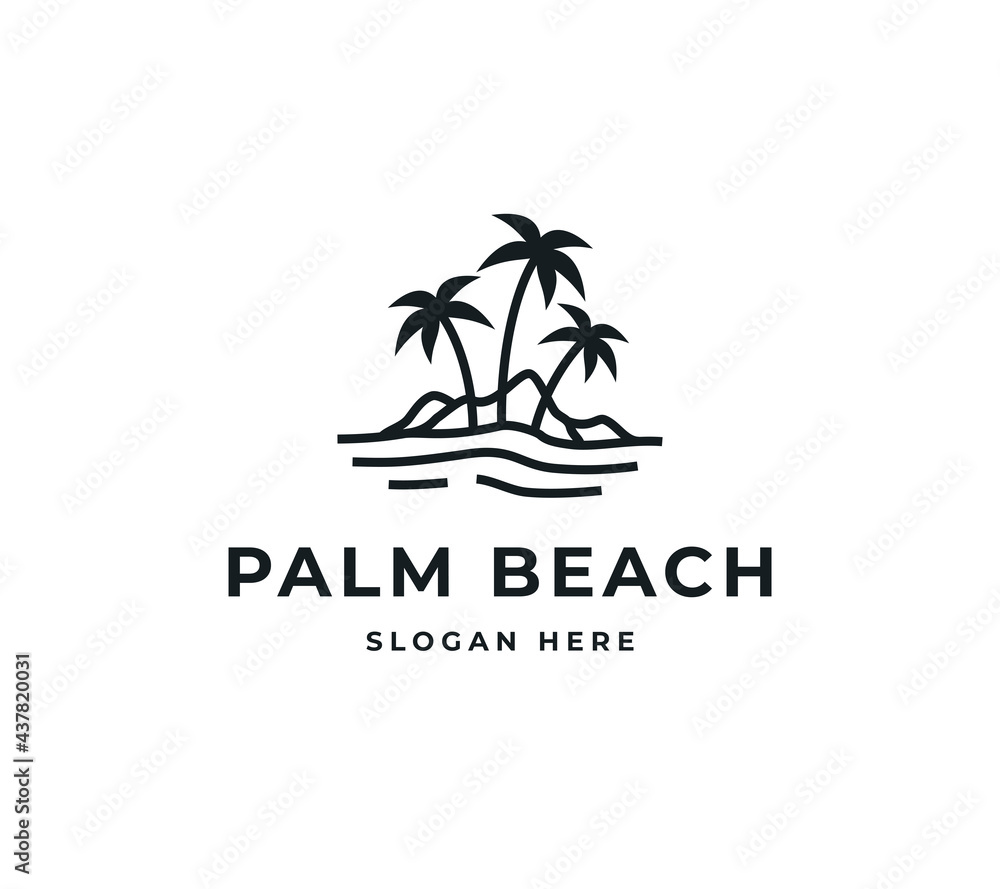 Palm beach vector logo design. Panorama view morning sunrise logo design