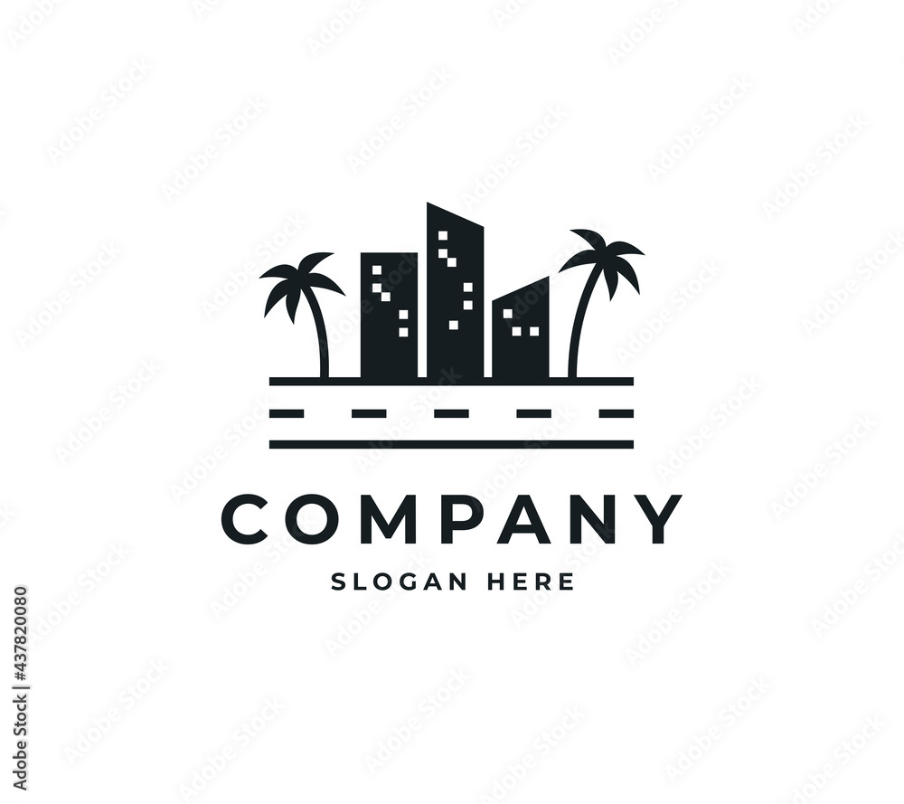Beauty palm city vector logo design, Panorama view beach logo design