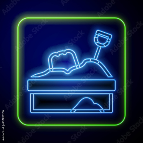 Glowing neon Sandbox with sand icon isolated on blue background. Vector