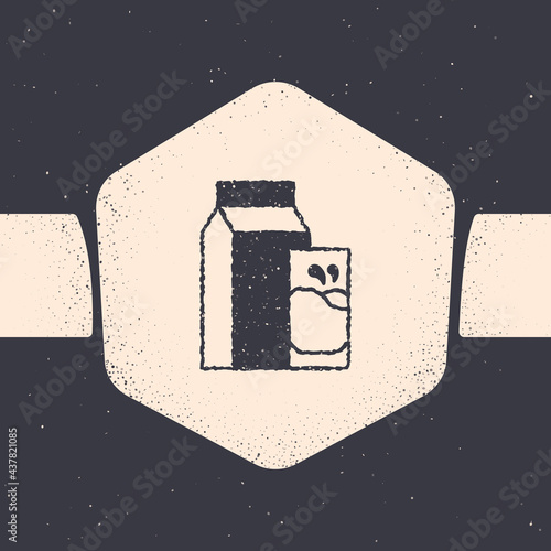 Grunge Paper package for kefir and glass icon isolated on grey background. Dieting food for healthy lifestyle and probiotics fulfillment. Monochrome vintage drawing. Vector