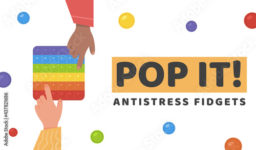 Web banner Pop It Antistress Fidgets Toy in rainbow color. KIds hands with popular toy pushing bubbles. Sensory fidget in square shape. Children trend. Vector illustration in flat style.