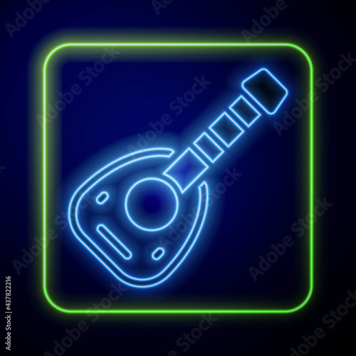 Glowing neon Musical instrument lute icon isolated on blue background. Arabic, Oriental, Greek music instrument. Vector